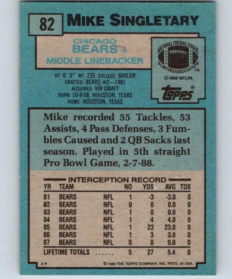 1988 Topps #82 Mike Singletary EX Excellent Chicago Bears Football Card - Football Card Single