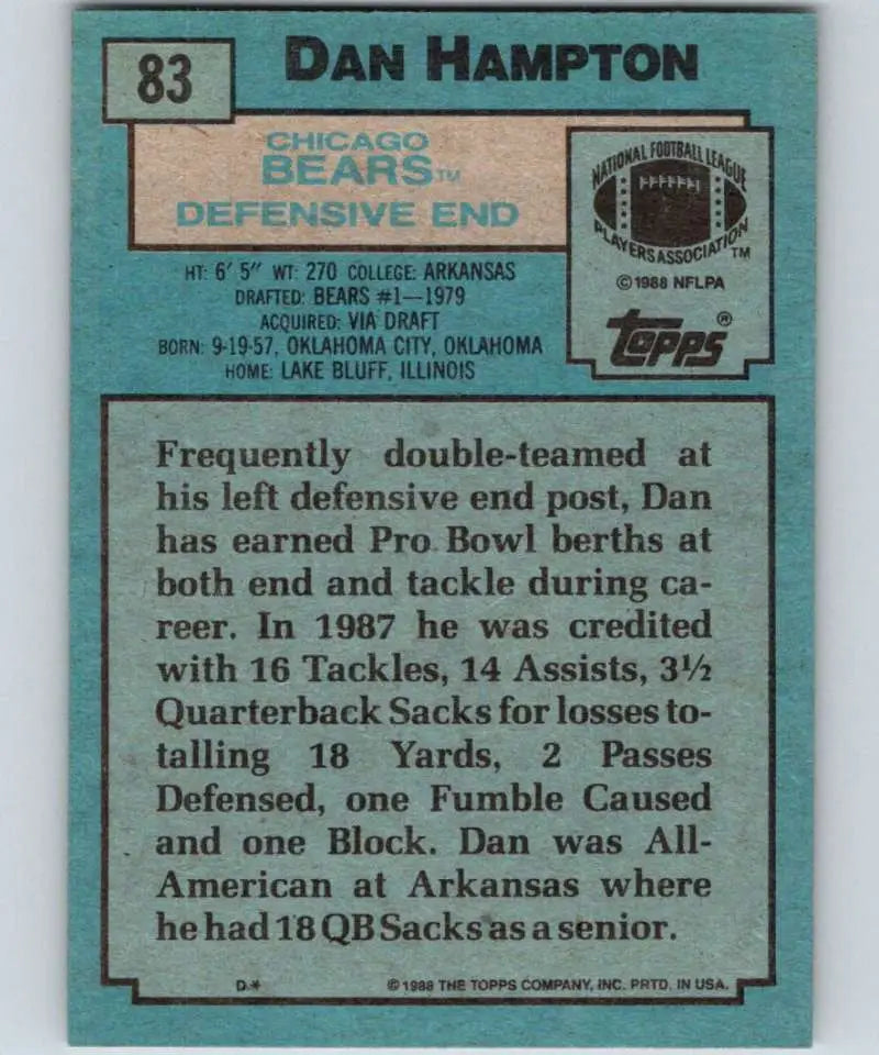1988 Topps #83 Dan Hampton EX Excellent Chicago Bears Football Card - Football Card Single