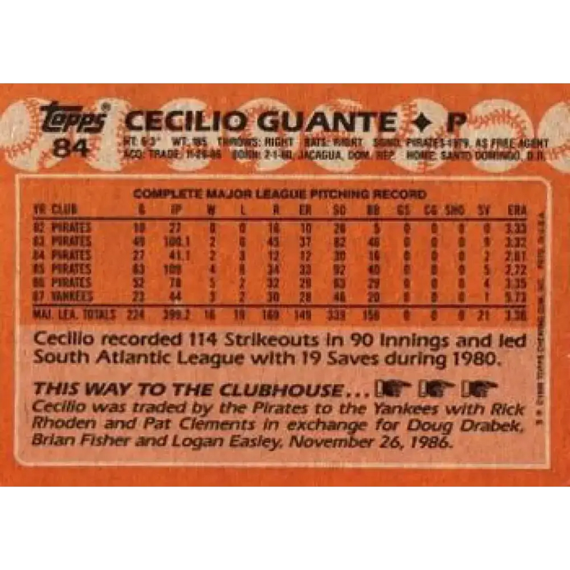 1988 Topps #84 Cecilio Guante NM-MT New York Yankees Baseball Card - Baseball Card Single