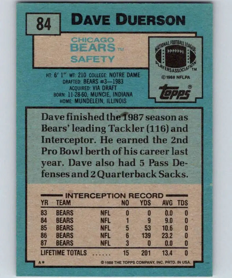 1988 Topps #84 Dave Duerson EX Excellent Chicago Bears Football Card - Football Card Single