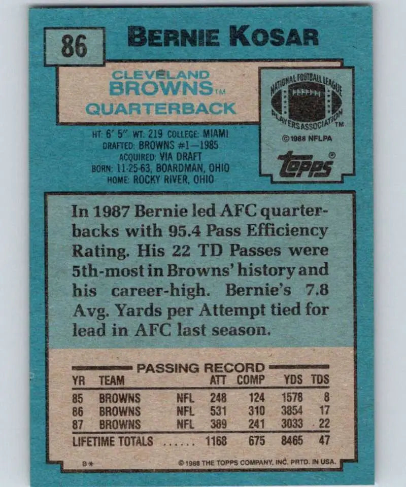 1988 Topps #86 Bernie Kosar EX Excellent Cleveland Browns Football Card