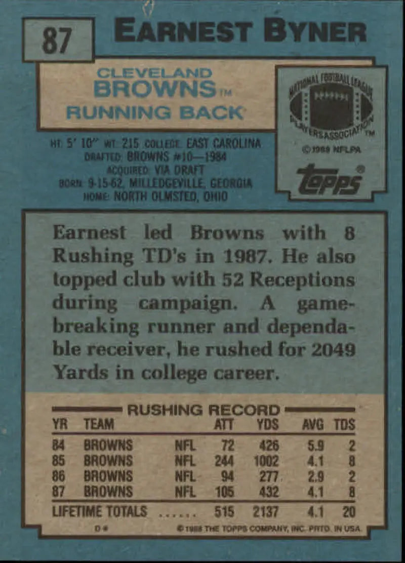 1988 Topps #87 Earnest Byner EX Excellent Cleveland Browns Football Card - Football Card Single