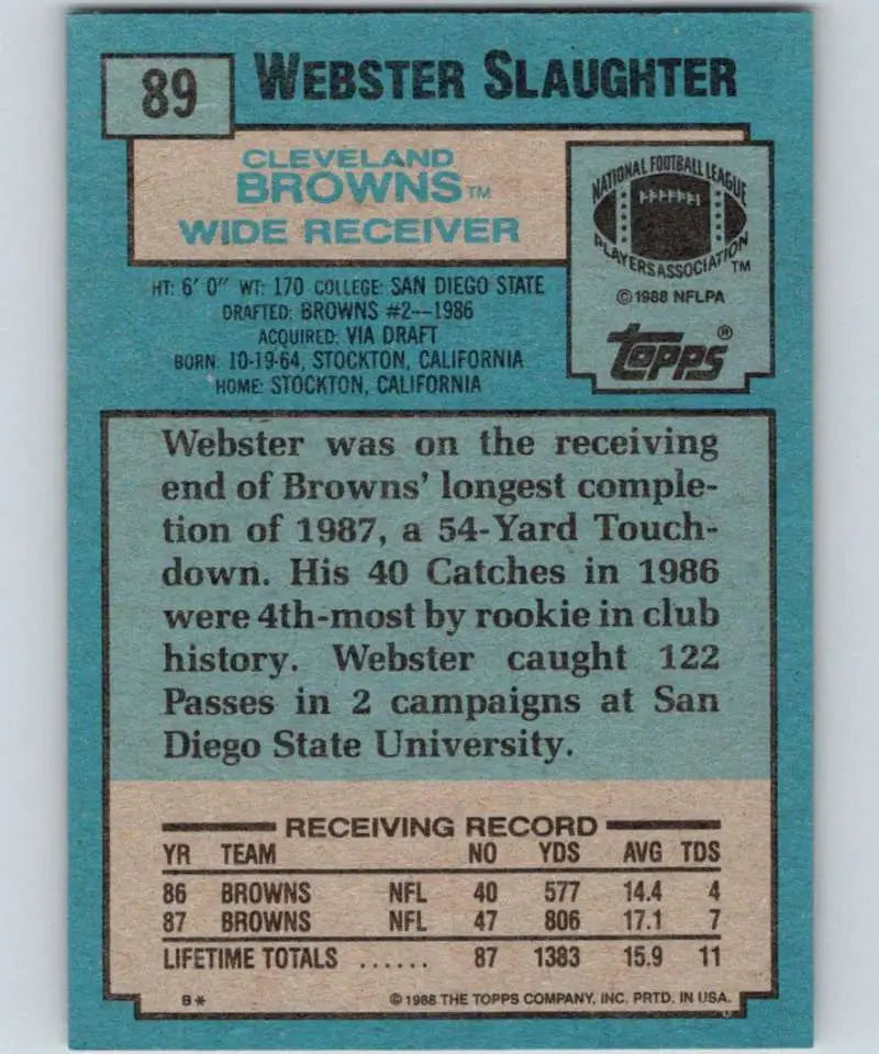 1988 Topps #89 Webster Slaughter EX Excellent RC Rookie Cleveland Browns Football Card - Football Card Single