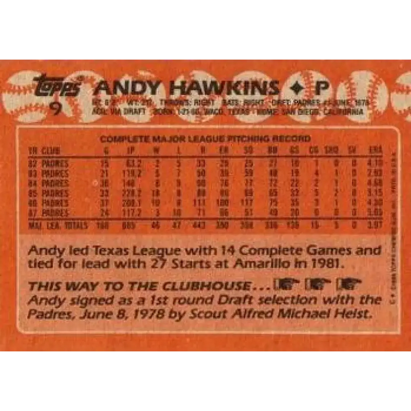 1988 Topps #9 Andy Hawkins NM-MT San Diego Padres Baseball Card - Baseball Card Single