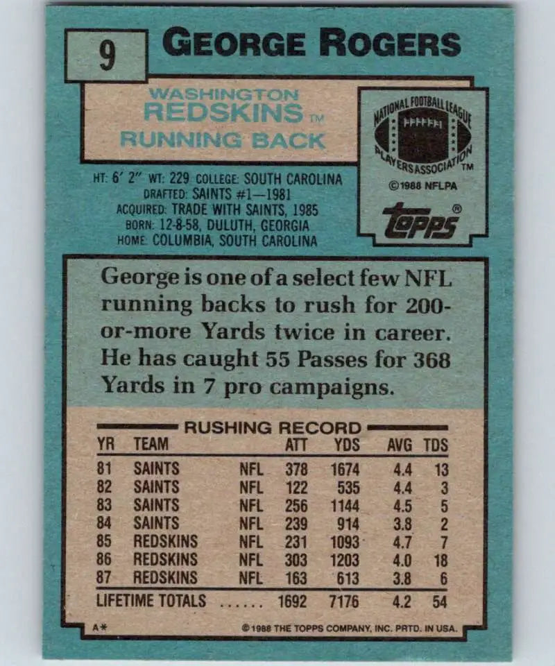 1988 Topps #9 George Rogers EX Excellent Washington Redskins Football Card - Football Card Single