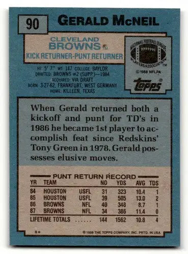 Gerald McNeil Cleveland football card from 1988 Topps #90 featuring McNeil Cleveland Browns