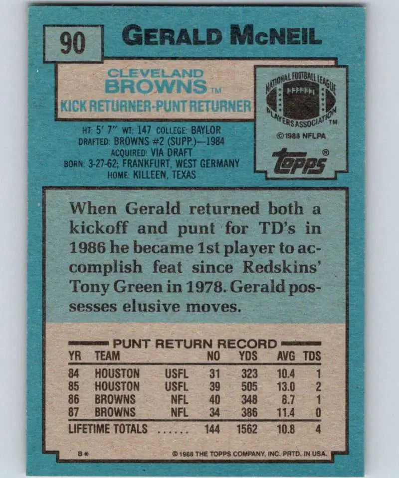 1988 Topps #90 Gerald McNeil EX Excellent Cleveland Browns Football Card - Football Card Single
