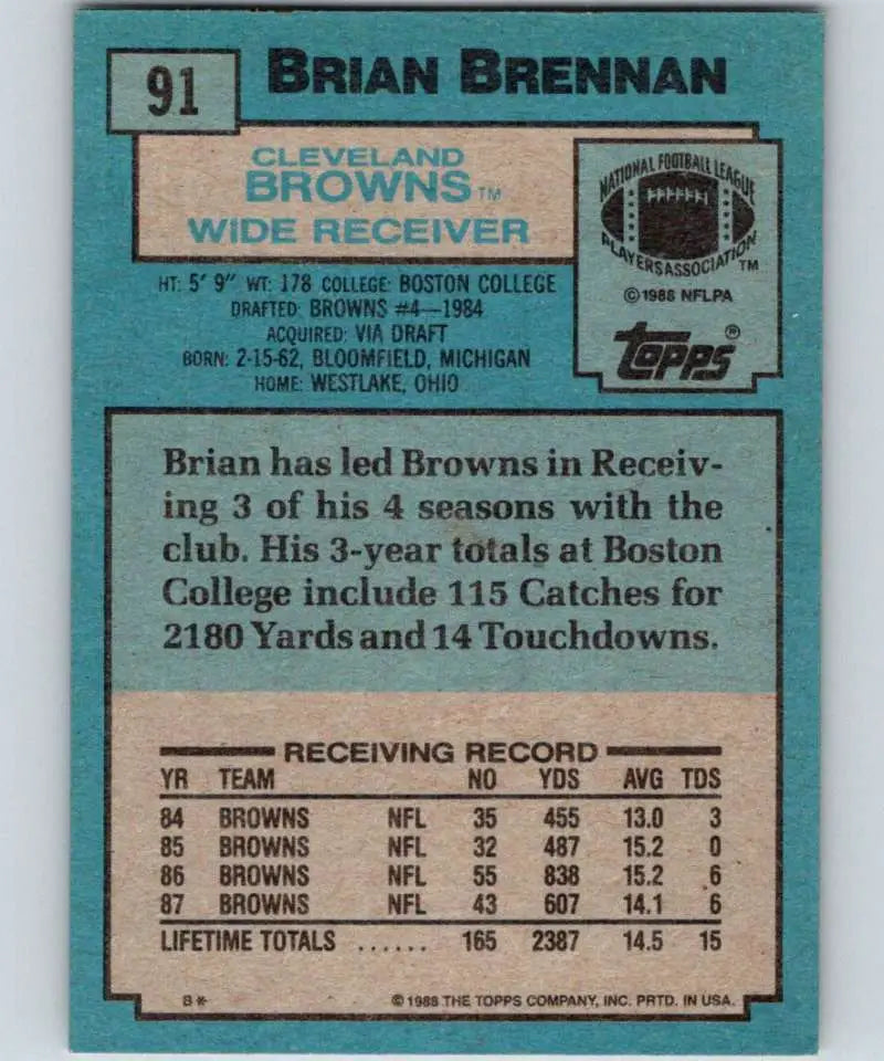 1988 Topps #91 Brian Brennan EX Excellent Cleveland Browns Football Card