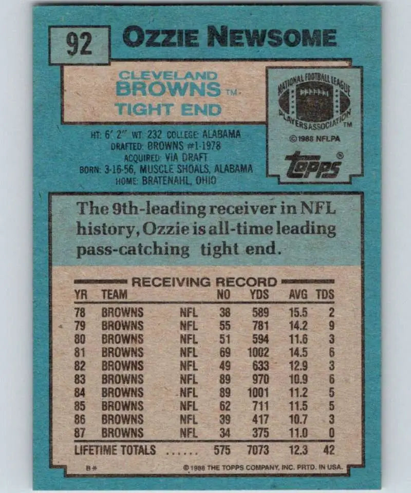 1988 Topps #92 Ozzie Newsome EX Excellent Cleveland Browns Football Card - Football Card Single