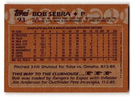 Original gloss 1988 Topps Bob Sebra Montreal Expos baseball card NM near mint