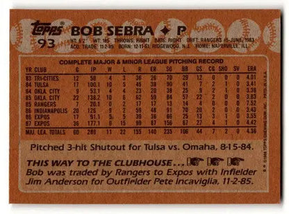 Original gloss 1988 Topps Bob Sebra Montreal Expos baseball card NM near mint
