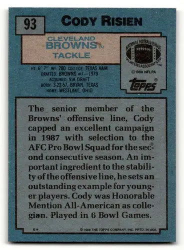 Original gloss Cody Risien Cleveland football card from 1988 Topps featuring Risien Cleveland Browns