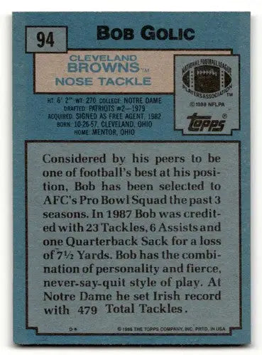 Bob Golic Cleveland football card from 1988 Topps series featuring Golic Cleveland Browns