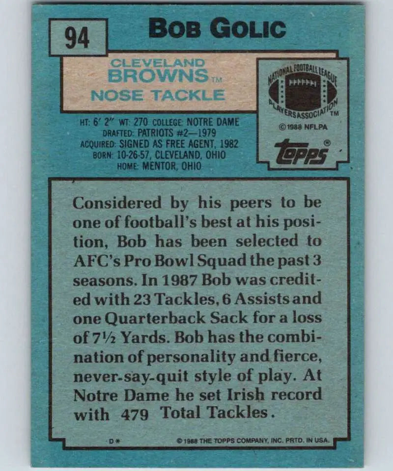 1988 Topps #94 Bob Golic EX Excellent Cleveland Browns Football Card - Football Card Single
