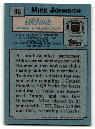 Back of 1988 Topps Mike Johnson Cleveland Browns football card showcasing original gloss