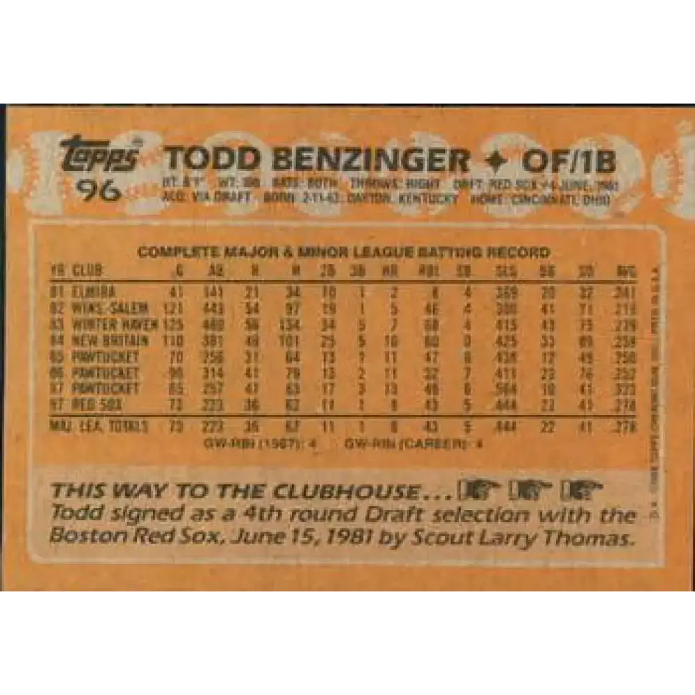1988 Topps #96 Todd Benzinger NM-MT RC Rookie Boston Red Sox Baseball Card - Baseball Card Single