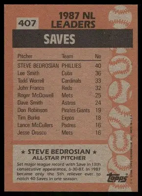 Vintage 1987 Topps National League Steve Bedrosian baseball card featuring NL Saves Leaders
