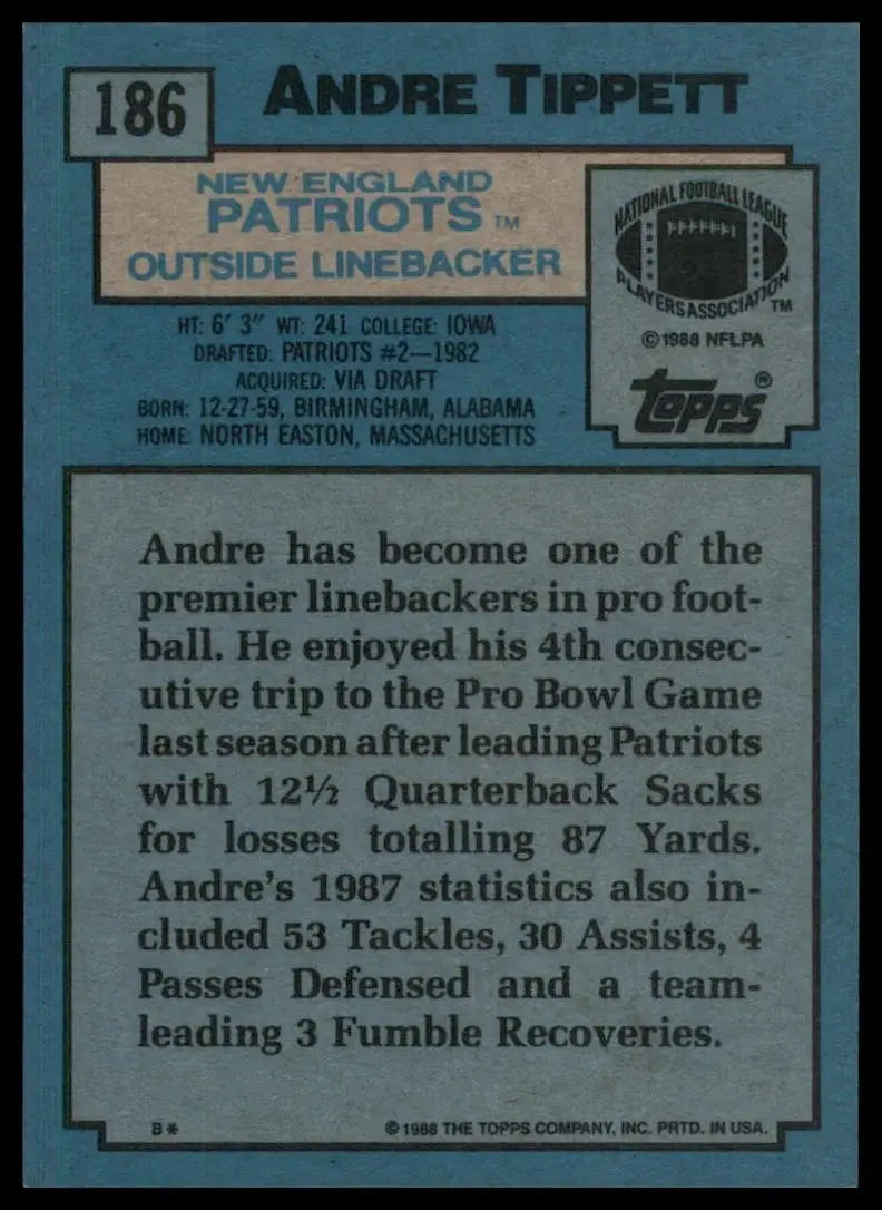 1988 Topps Andre Tippett #186 New England Patriots Football Card NFL Sports - Football Card Single