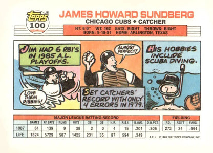 Vintage 1988 Topps Big Jim Sundberg baseball card with stats and cartoon illustrations