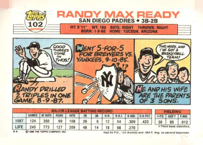 Vintage 1988 Topps Big #102a Randy Ready baseball card with stats and cartoon art