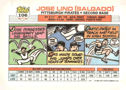 Vintage 1988 Topps Big #106b Jose Lind baseball card featuring Jose Lind collectible