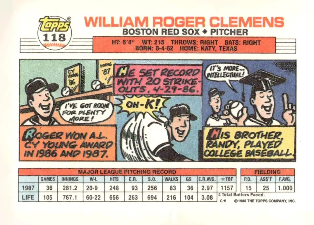 Vintage Topps Big 118a Roger Clemens baseball card featuring William Roger Clemens