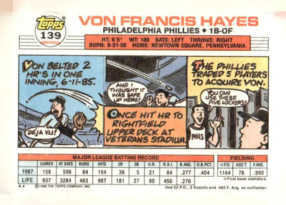 Vintage 1988 Topps Big #139b Von Hayes baseball card for collectors