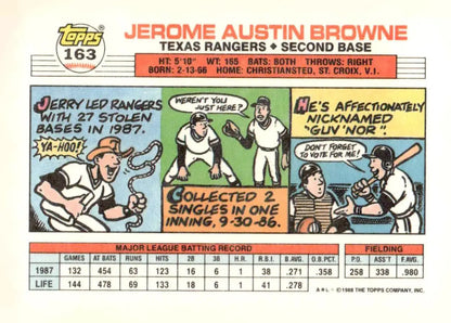 Vintage 1988 Topps Big Jerry Browne baseball trading card with stats and comic illustrations