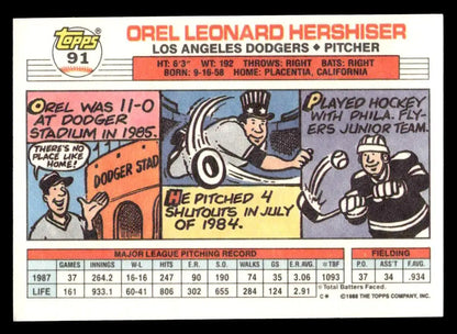 1991 Topps Orel Hershiser baseball card from 1988 Topps Big Los Angeles Dodgers collection