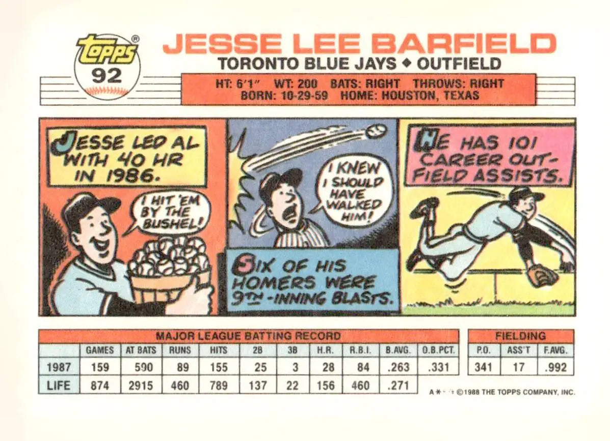 Baseball card featuring Jesse Barfield from 1988 Topps Big 92b Jesse Barfield