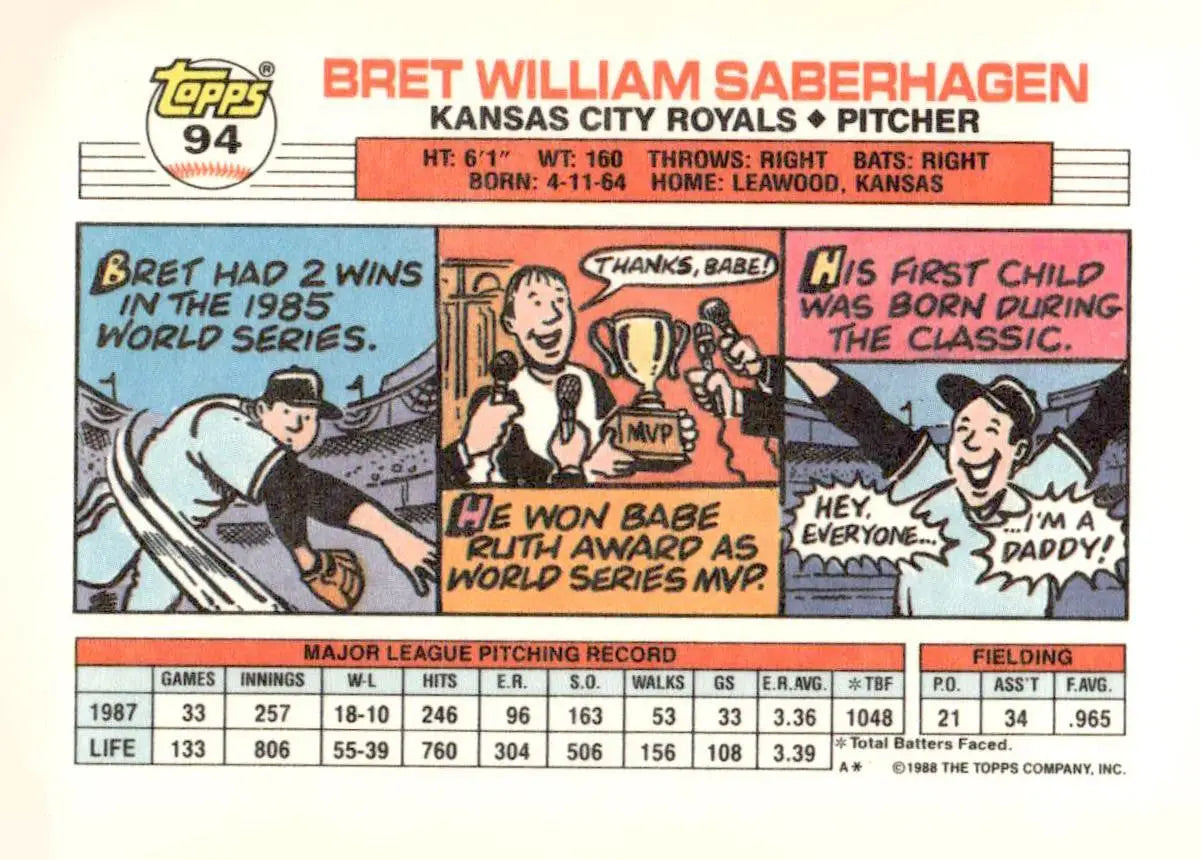 Vintage 1988 Topps Big #94b Bret Saberhagen baseball card featuring Bret Saberhagen