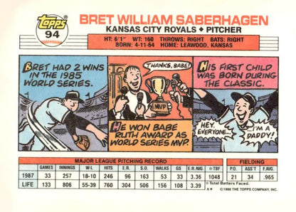 Vintage 1988 Topps Big #94b Bret Saberhagen baseball card featuring Bret Saberhagen