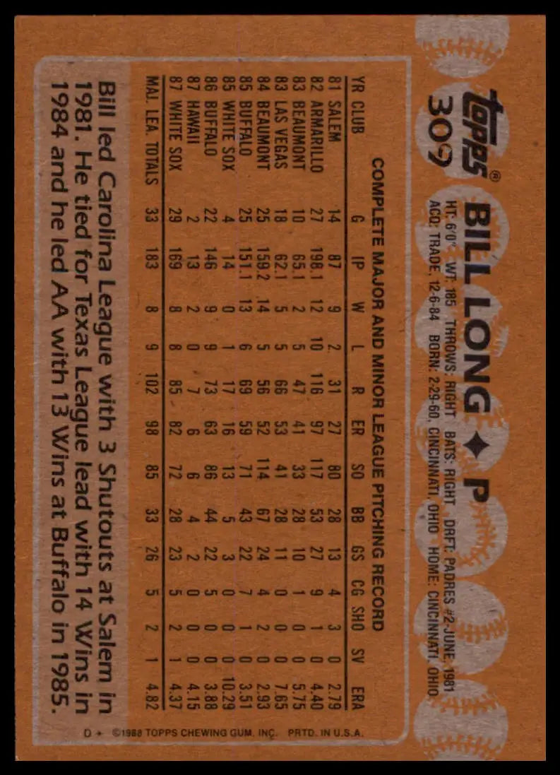 1988 Topps Bill Long RC 309 Chicago White Sox NM - Baseball Card Single