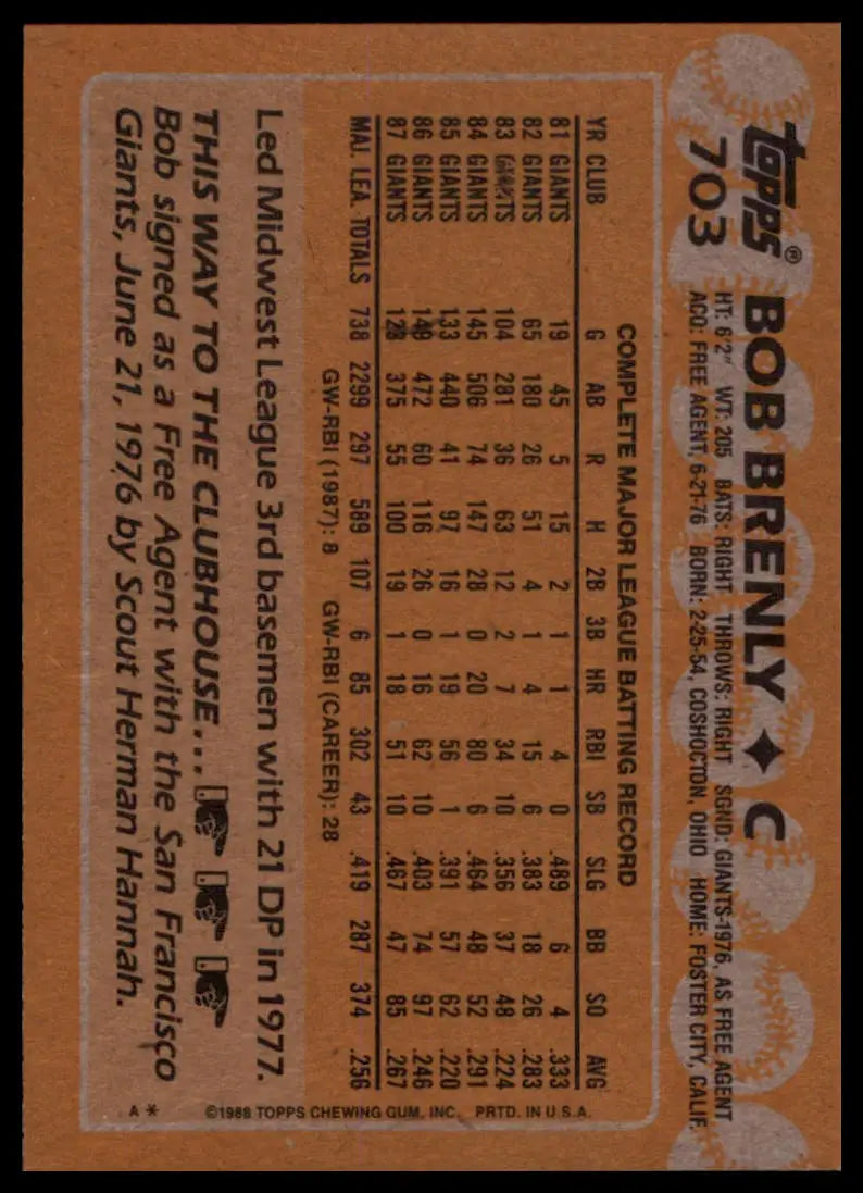 1988 Topps Bob Brenly 703 San Francisco Giants NM - Baseball Card Single