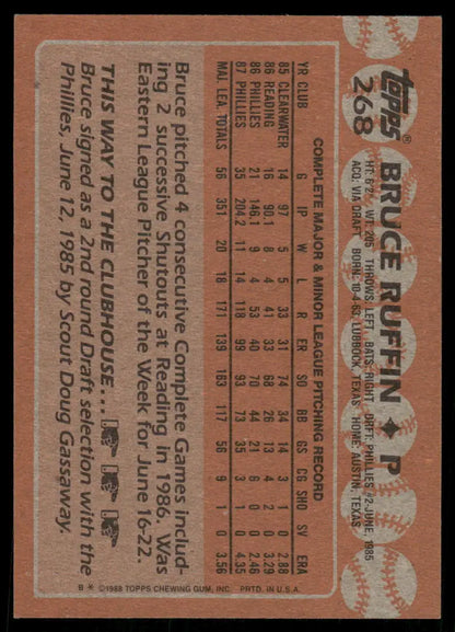 Vintage orange-brown 1988 Topps Bruce Ruffin baseball card featuring Topps Bruce Ruffin