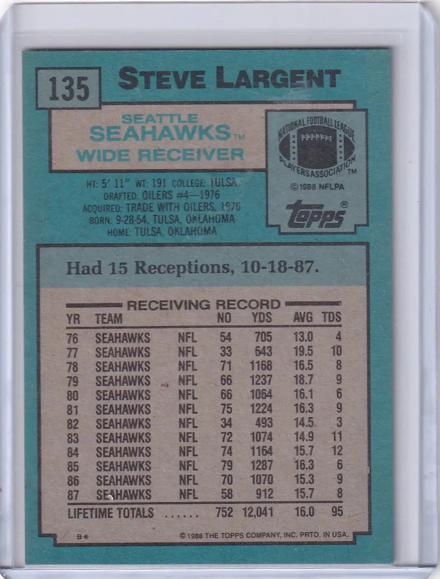 1988 Topps Football #135 Steve Largent Seattle Seahawks trading card for collectors