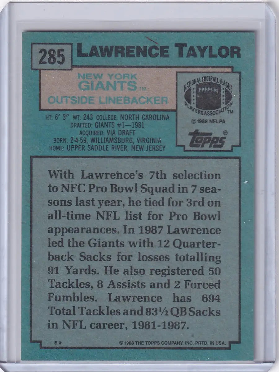 1988 Topps Football #285 Lawrence Taylor card featuring New York Giants star player