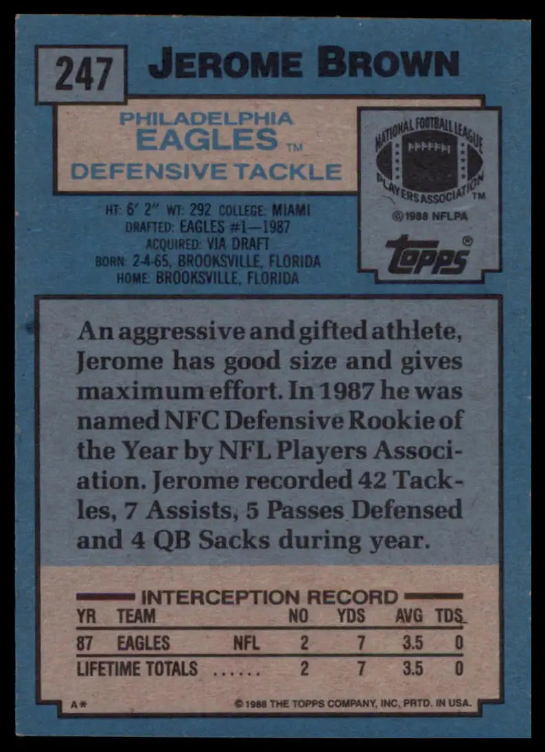 1988 Topps Jerome Brown RC 247 Philadelphia Eagles NM - Football Card Single