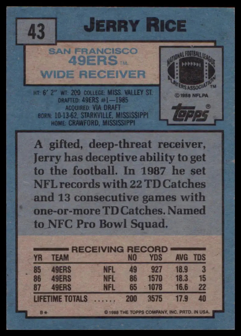 1988 Topps Jerry Rice 43 San Francisco 49ers NM - Football Card Single