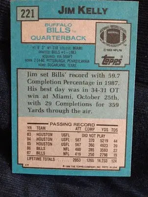 1988 Topps - Jim Kelly #221. Buffalo Bills. NRMT+ - Football Card Single