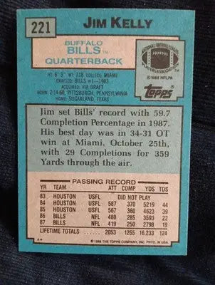 1988 Topps - Jim Kelly #221. Buffalo Bills. NRMT+ - Football Card Single