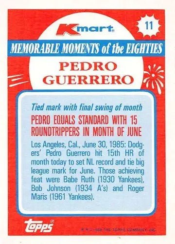 1988 Topps K-Mart Memorable Moments #11 Pedro Guerrero NM-MT Dodgers ID:76796 - Baseball Card Single