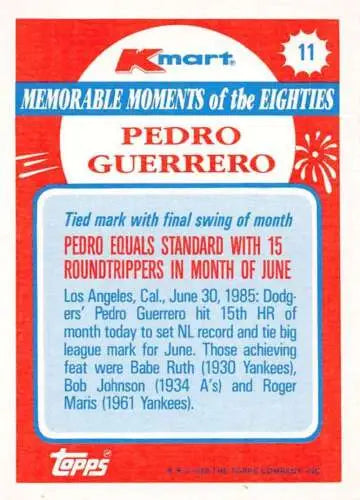 Original gloss Pedro Guerrero baseball card from 1988 Topps K-Mart Memorable Moments