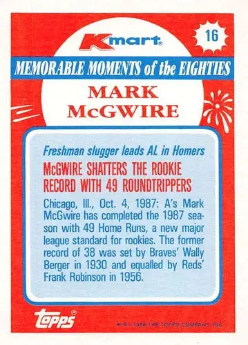 1988 Topps K-Mart Memorable Moments #16 Mark McGwire NM-MT Athletics ID:76801 - Baseball Card Single