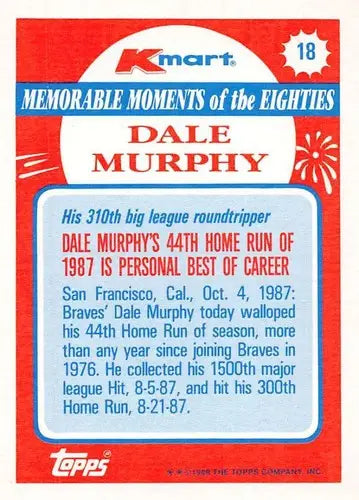 Original gloss of Dale Murphy baseball card from 1988 Topps K-Mart Memorable Moments series