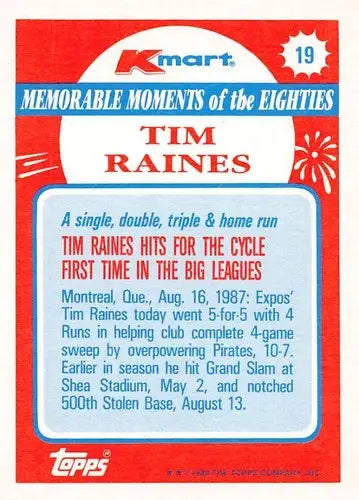 1988 Topps K-Mart Memorable Moments #19 Tim Raines NM-MT Expos ID:76804 - Baseball Card Single