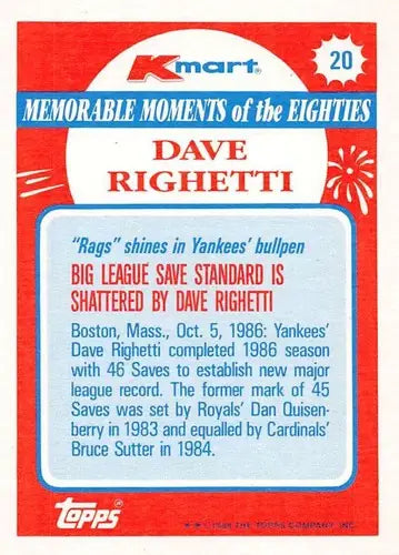 Original gloss 1988 Topps K-Mart Memorable Moments Dave Righetti Yankees card