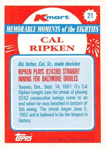 1988 Topps K-Mart Memorable Moments #21 Cal Ripken Jr. NM-MT Orioles ID:76806 - Baseball Card Single