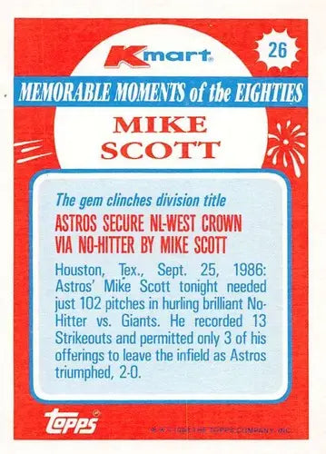 Original gloss Mike Scott baseball card from memorable moments 1988 Topps K-Mart Astros