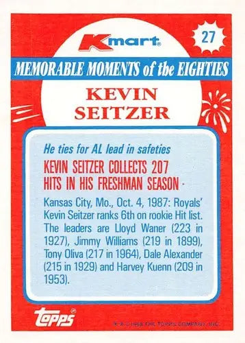 Original gloss Kevin Seitzer baseball card from 1988 Topps K-Mart Memorable Moments